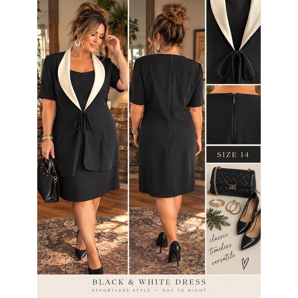 Lois Snyder Dani Max Dress Size 14 Black Cream Shawl Collar Layered Ensemble